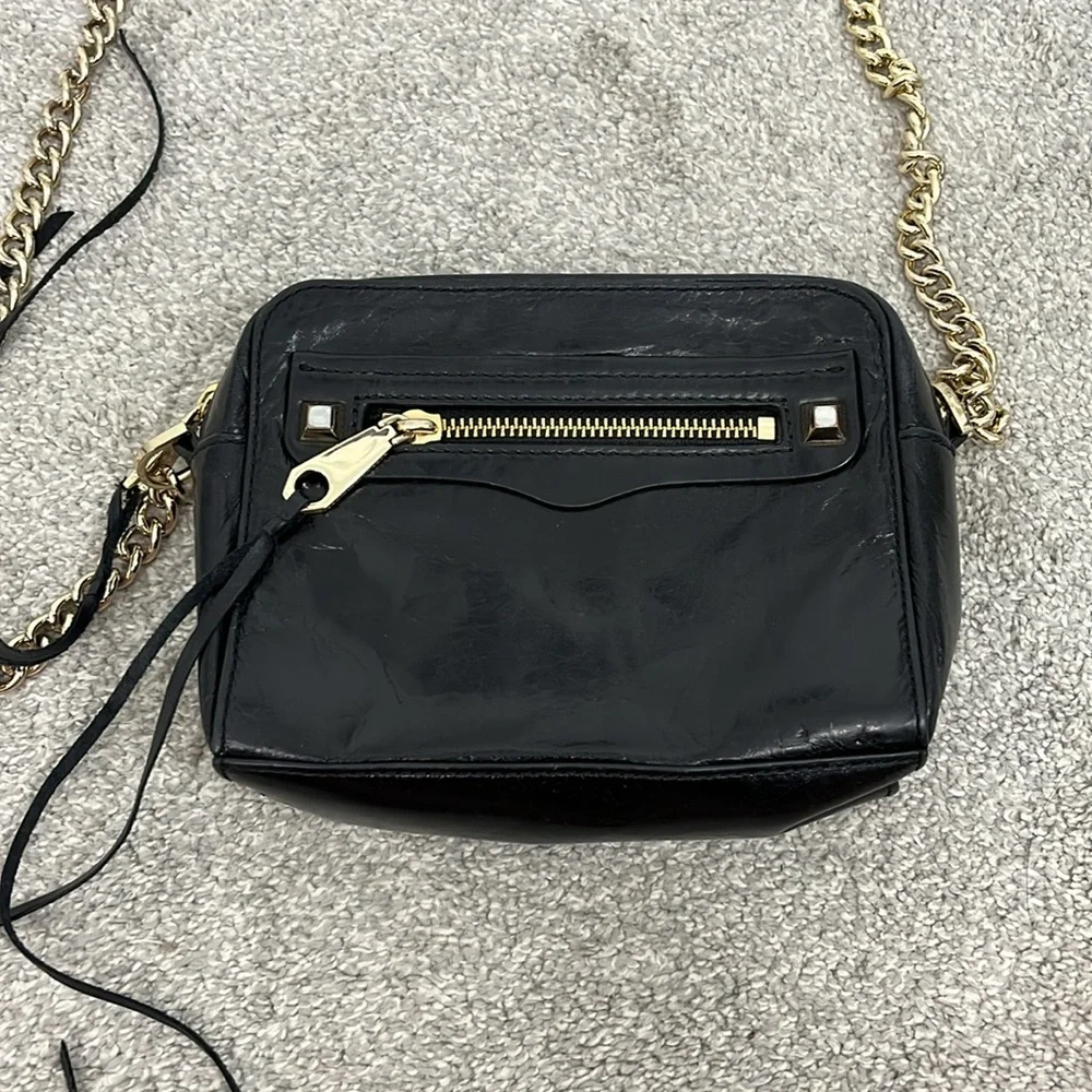 New Rebecca Minkoff Black Leather Gold Tone Chain Crossbody Bag